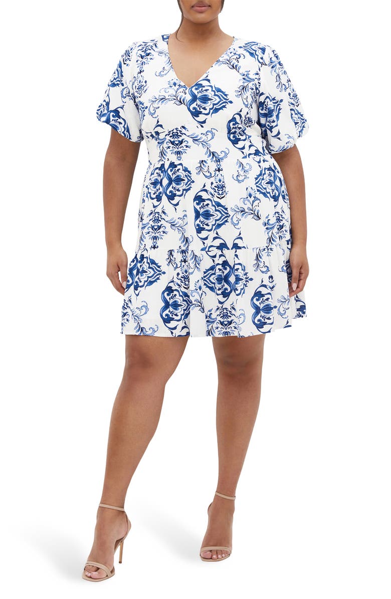 City Chic Winslow Print Ruffle Hem Puff Sleeve Dress, Main, color, Willow Blue