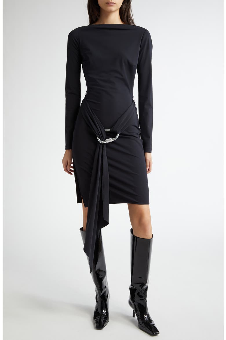 Carabiner Sash Long Sleeve Stretch Jersey Dress, Main, color, BLACK