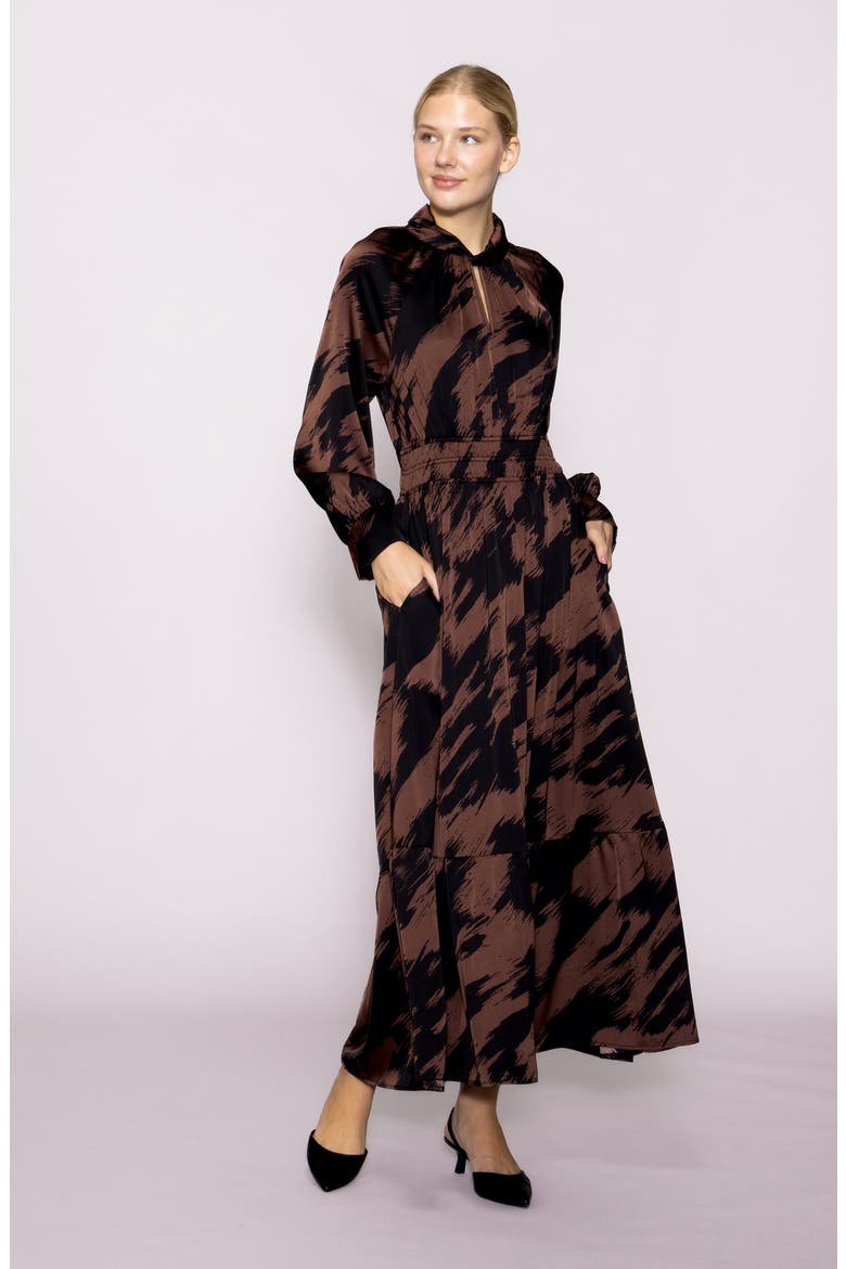 Brushstroke Print Long Sleeve Maxi Dress, Alternate, color, BROWN/ BLACK
