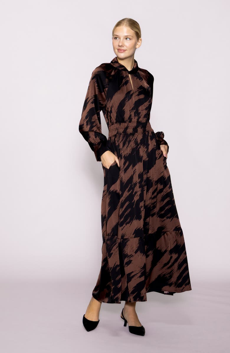 MELLODAY Brushstroke Print Long Sleeve Maxi Dress, Alternate, color, Brown/ Black