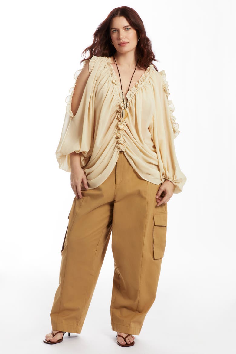 Draped Off The Shoulder Blouse, Alternate, color, PEBBLE