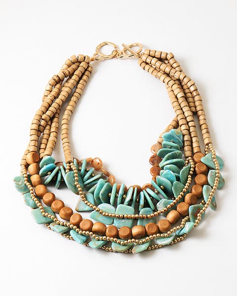 Turquoise and Neutral Multi Layered Beaded Necklace