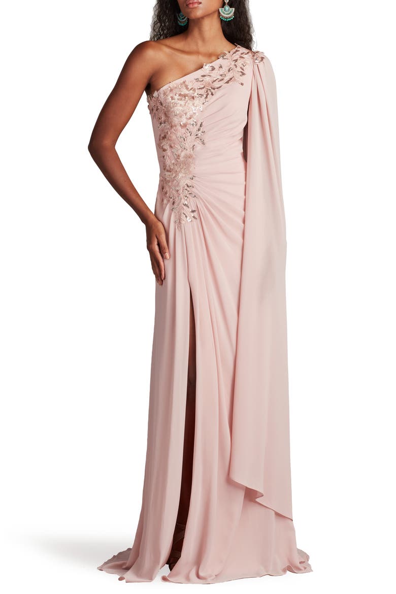 Sequin Leaf Detail One-Shoulder Chiffon Gown, Alternate, color, ADOBE BLUSH