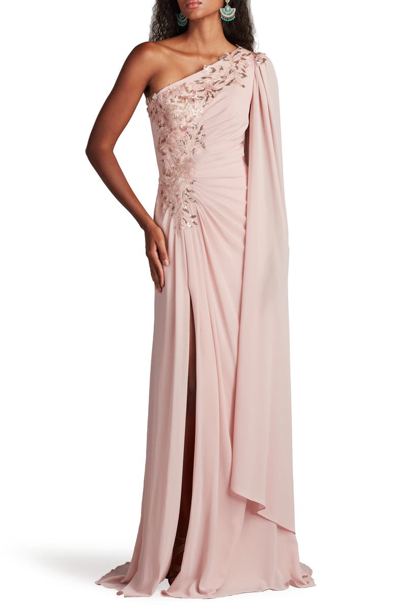 Tadashi Shoji Sequin Leaf Detail One-Shoulder Chiffon Gown, Alternate, color,