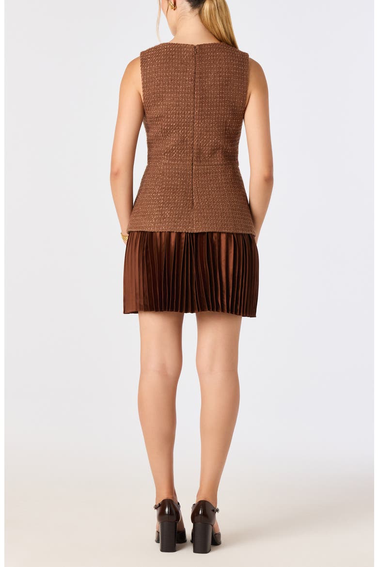 Allyson Tweed & Satin Pleated Minidress, Alternate, color, BROWN