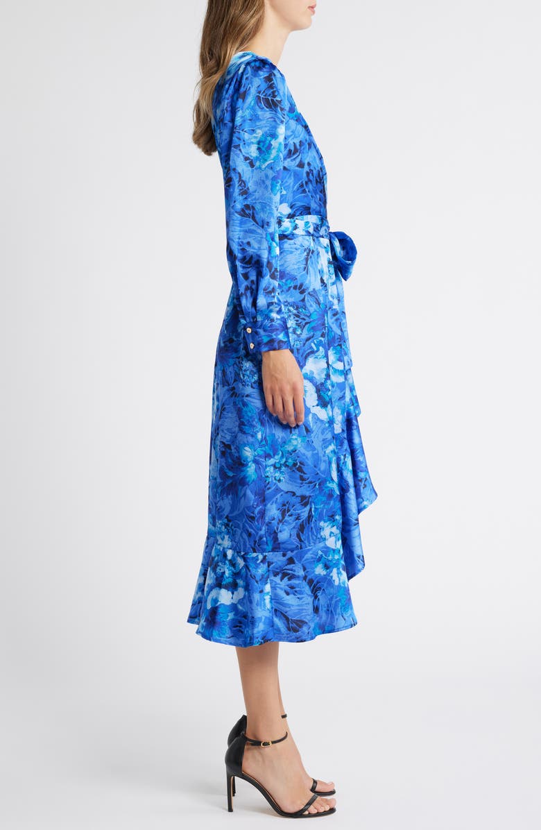 Tahari ASL Floral Ruffle Tie Waist Long Sleeve Midi Dress, Alternate, color,