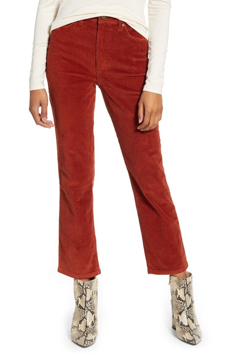 High Waist Straight Leg Corduroy Ankle Pants, Main, color, BURNT HENNA CORD