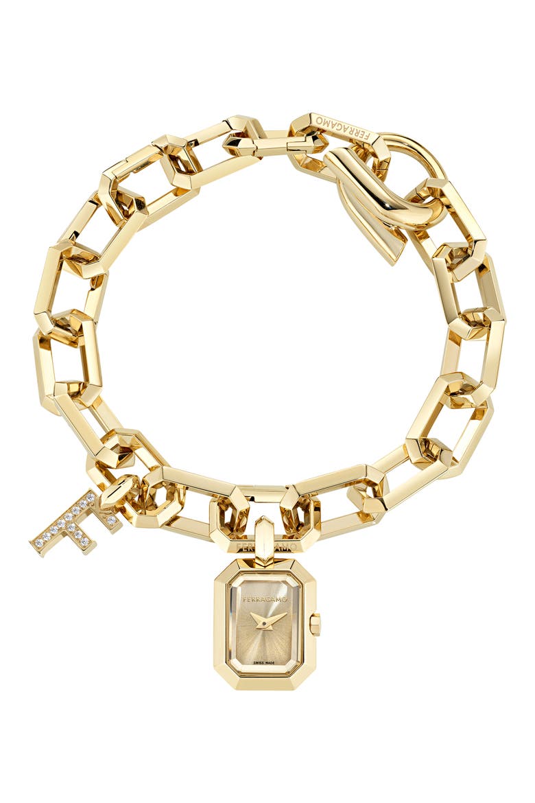 'F' Charm Bracelet Watch, 16mm x 21mm, Main, color, IP YELLOW GOLD