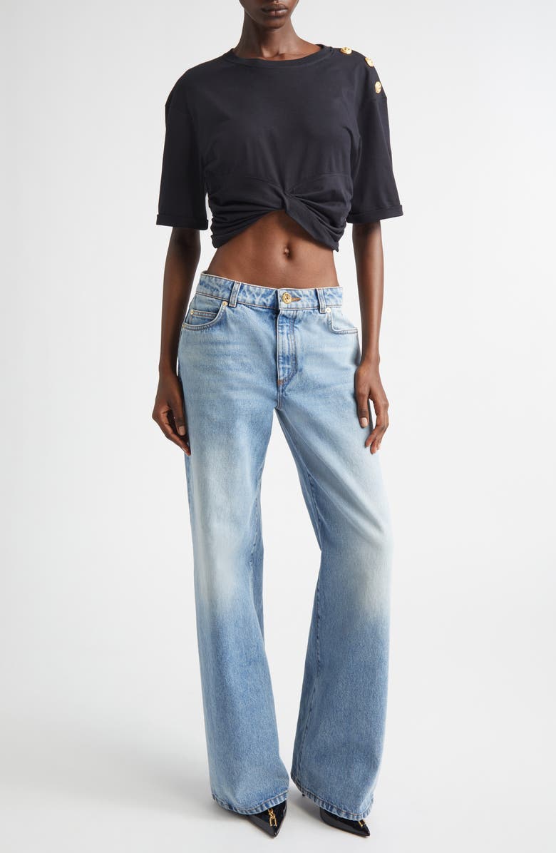 Balmain Knotted Crop Top, Alternate, color, Black/ Beige