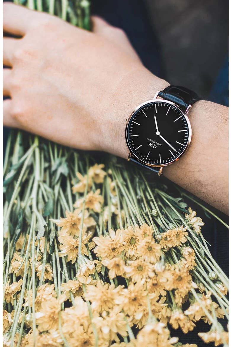 Classic Sheffield Leather Strap Watch, 36mm, Alternate, color, BLACK / ROSE GOLD