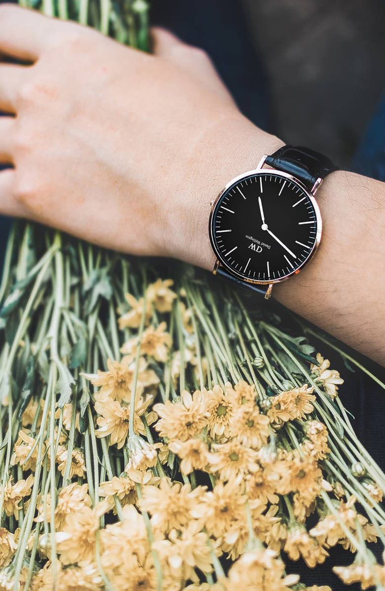 Daniel Wellington Classic Sheffield Leather Strap Watch, 36mm, Alternate, color, Black / Rose Gold