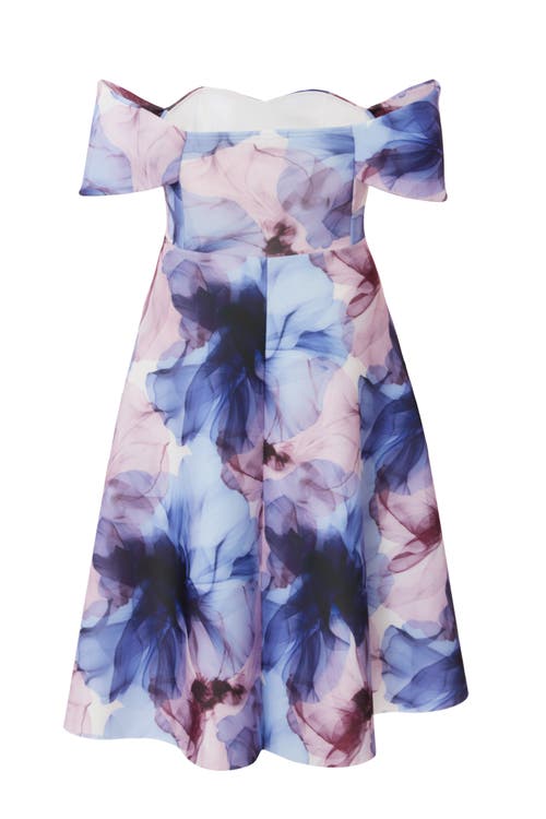 Quiz Plus Size Scuba Knit Floral Print Bardot Midi Skater Dress In Blue