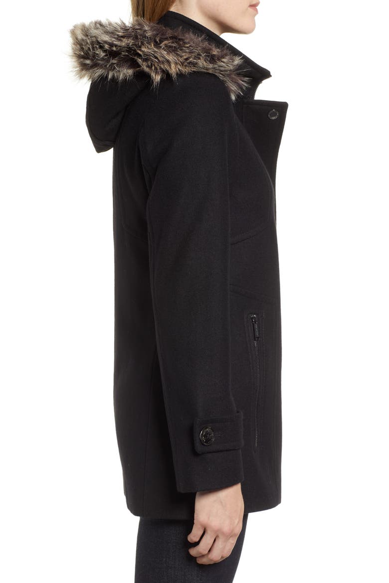 Faux Fur Hooded Wool Car Coat, Alternate, color, BLACK