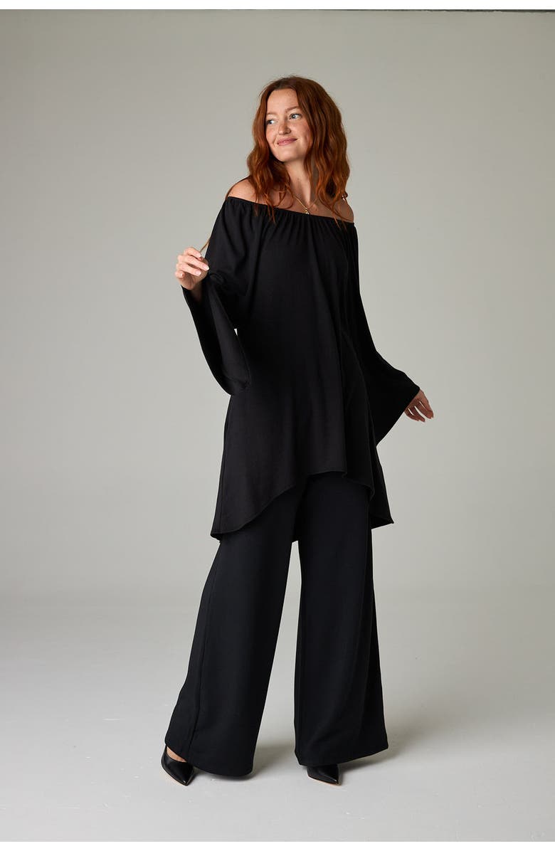 eavolu Peyto Eco-Luxe Rib Off-Shoulder Flutter Tunic/Dress - Ultra-Luxe Flow, Alternate, color, Coal Black