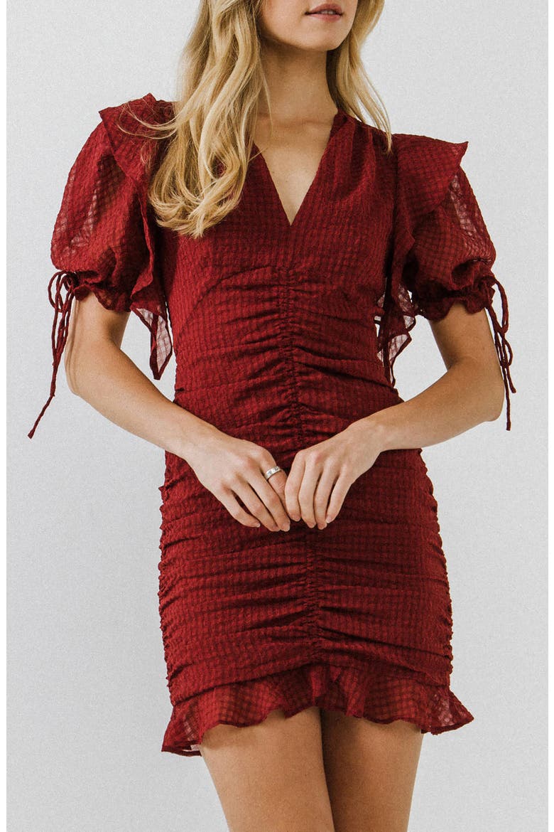 Puff Sleeve Ruched Minidress, Alternate, color, WINE