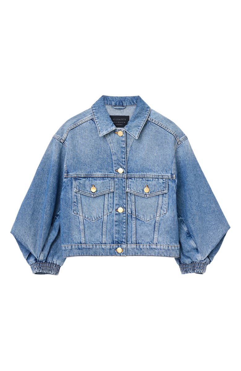 AllSaints Luca Balloon Sleeve Denim Trucker Jacket, Alternate, color, Mid Indigo
