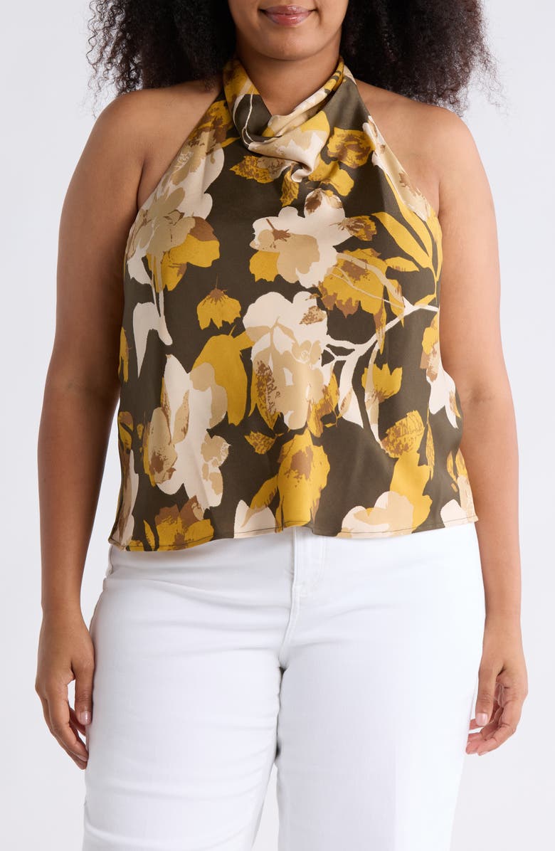 Renee C Floral Halter Satin Top, Main, color, Olive