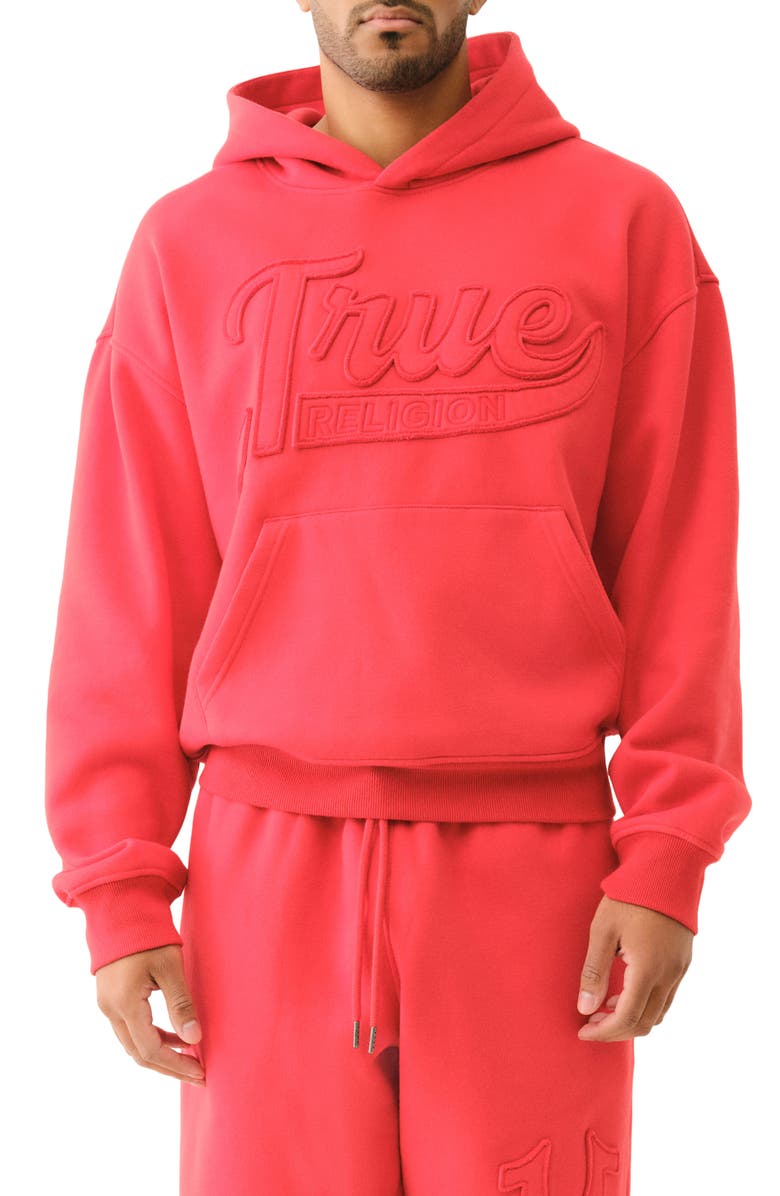 True Religion Embroidered Logo Cotton Blend Crop Hoodie, Main, color, Molten Lava