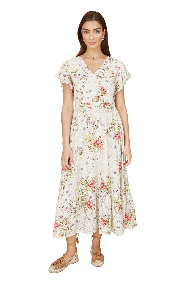 Yumi Floral Broderie Anglaise Wrap Midi Dress, Main, color, Ivory