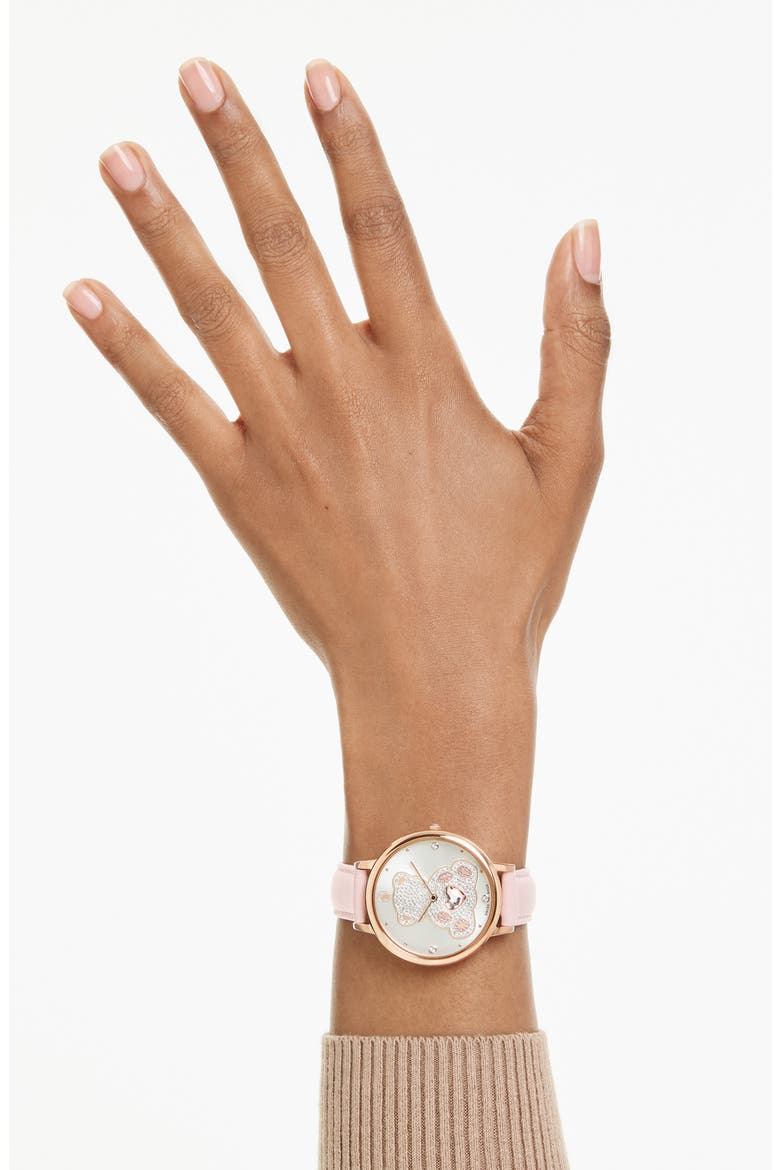 Crystal Teddy Leather Strap Watch, 35mm, Alternate, color, WHITE/ PINK