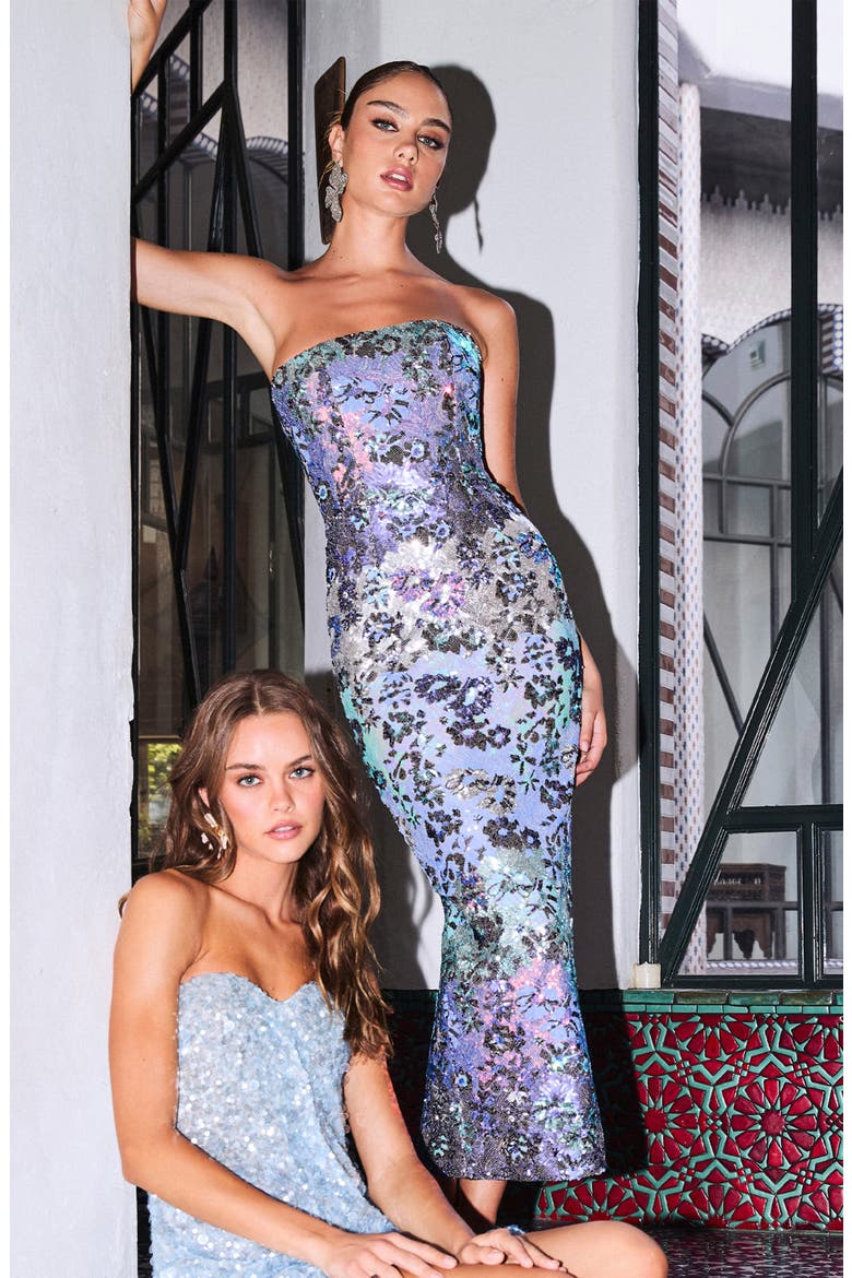 Leslie Sequin Strapless Gown, Alternate, color, BLUE/ SILVER FLORAL