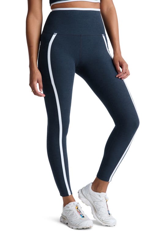Shop Beyond Yoga Out Of Pocket Side Stripe High Waist Pocket Leggings In Nocturnal Navy/cloud White