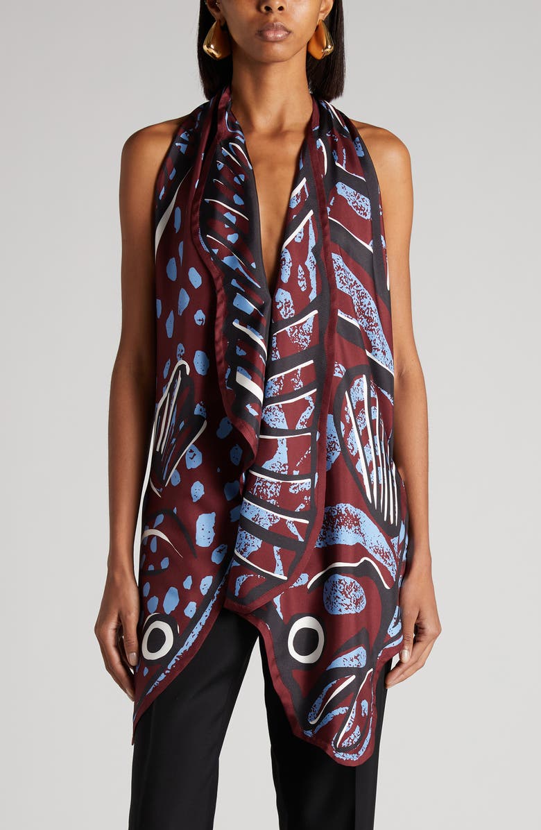 Bottega Veneta Fish Print Asymmetric Silk Twill Halter Top, Main, color, 6069 Black Cherry/ Admiral