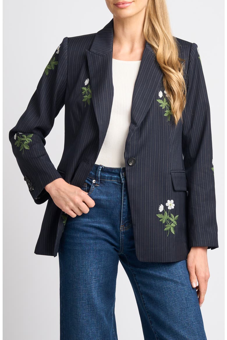 Arden Embroidered Pinstripe Blazer, Main, color, INDIGO NIGHT