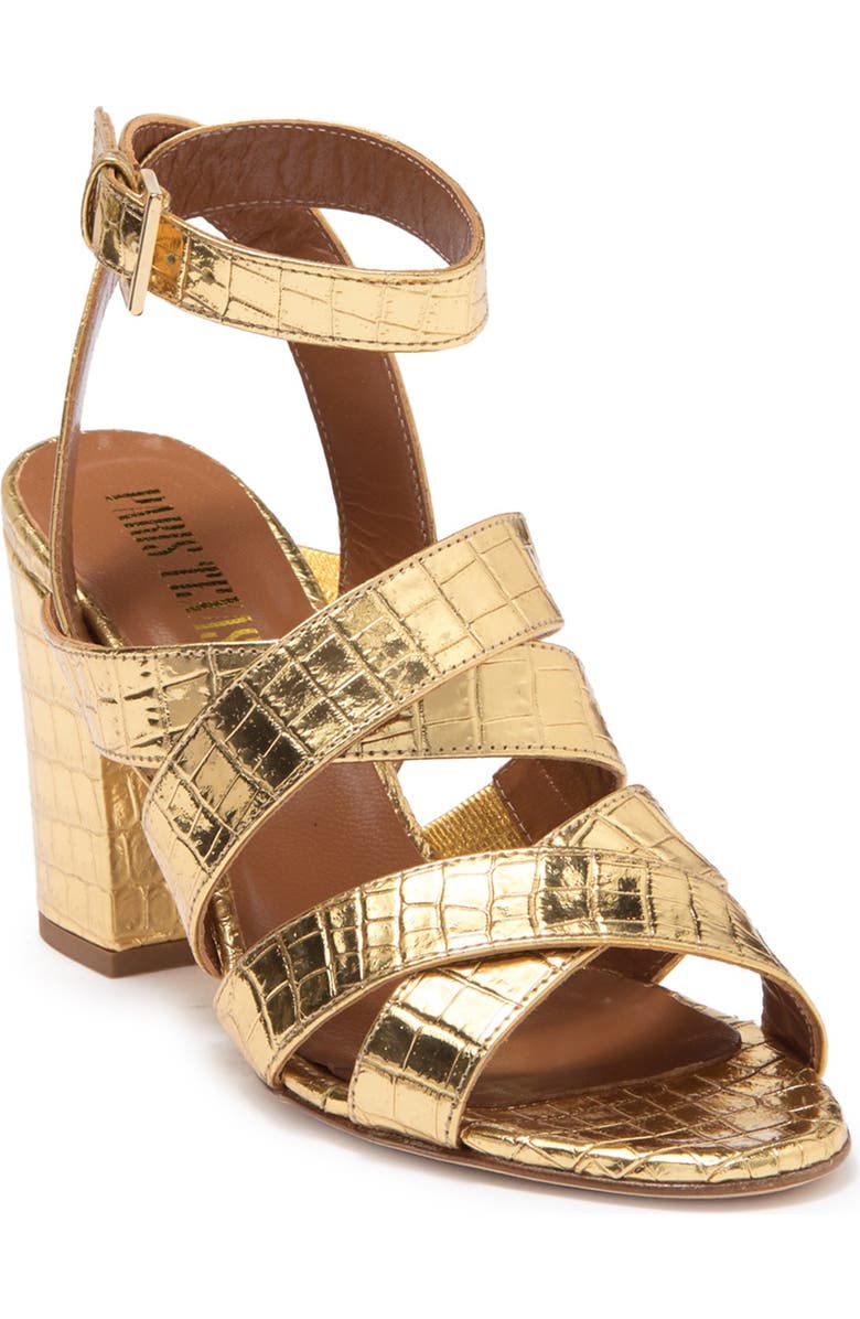 Paris Texas Metallic Croc Embossed Print Strappy Block Heel Sandal, Main, color,