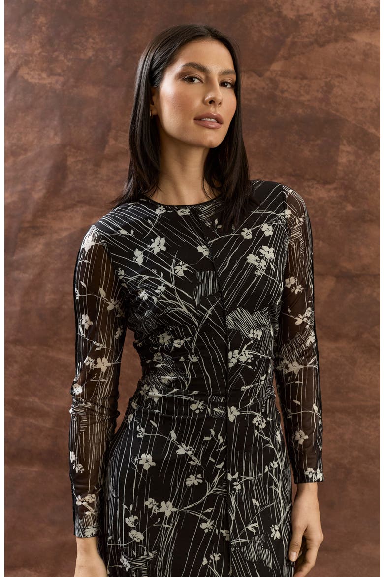 Long Sleeve Mesh Midi Dress, Alternate, color, BLACK/ IVORY