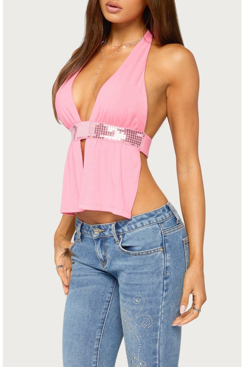 Heily Sequin Split Front Halter Top, Alternate, color, PINK