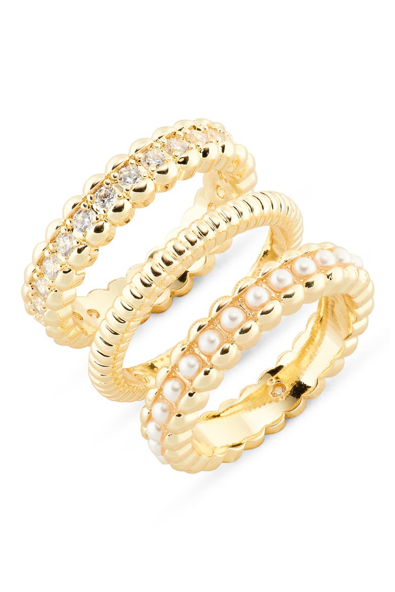 Set of Three CZ & Faux Pearl Stackable Rings, Main, color, GOLD