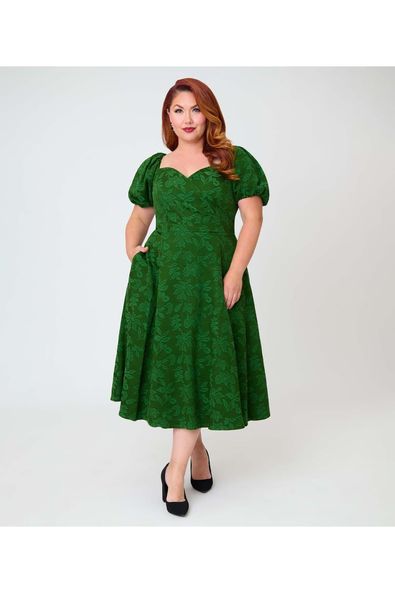 Plus Size Jacquard Sweetheart Swing Dress, Main, color, Green Floral Print