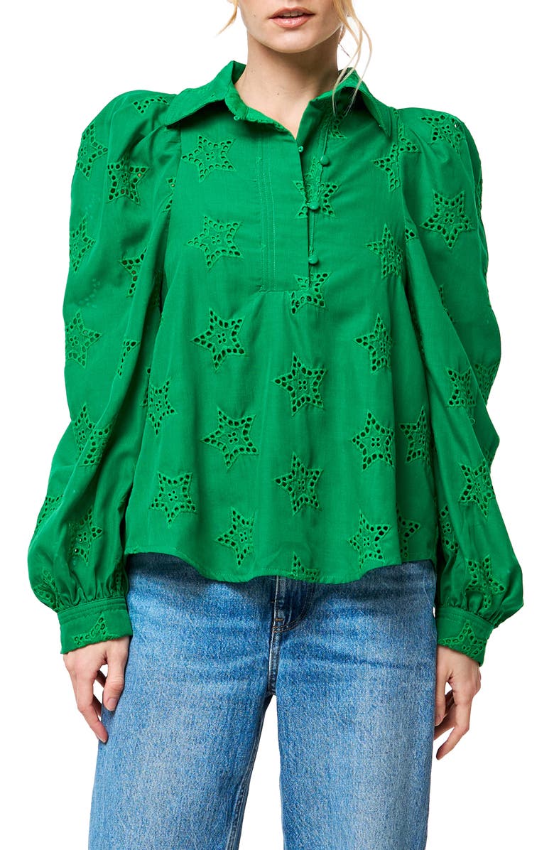 CIEBON Robyn Eyelet Puff Shoulder Shirt, Main, color, Green