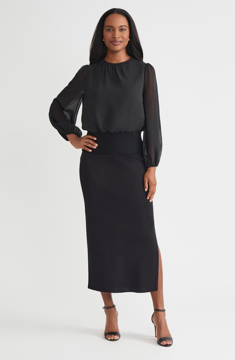 Misook Sheer Chiffon Sleeve Mixed Media Top, Alternate, color, Black