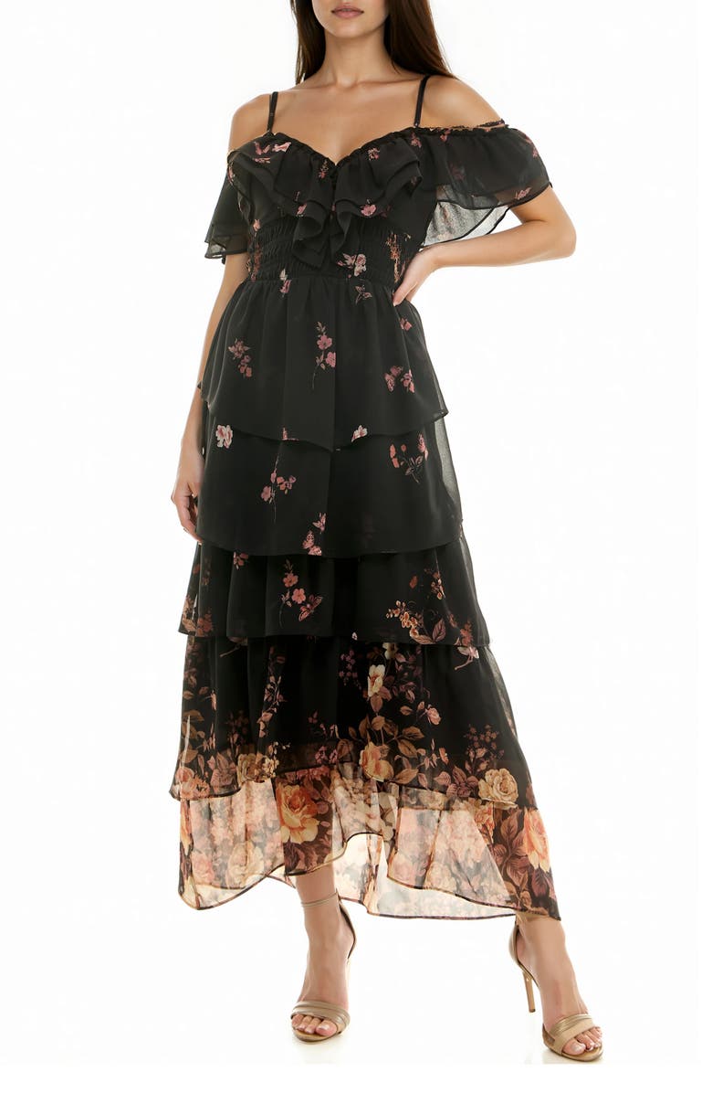 Socialite Floral Cold Shoulder Tiered Maxi Dress, Main, color, Black Yellow Taupe