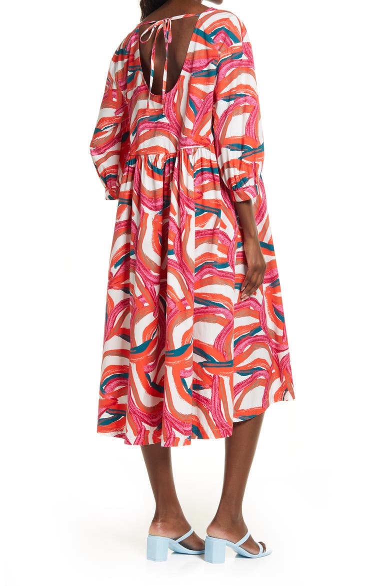 Cristina Martinez Rainbow Print Long Sleeve Cotton Dress, Alternate, color, IVORY RAINBOW MIX