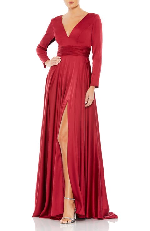 Long Sleeve Ruched Waist A-Line Gown