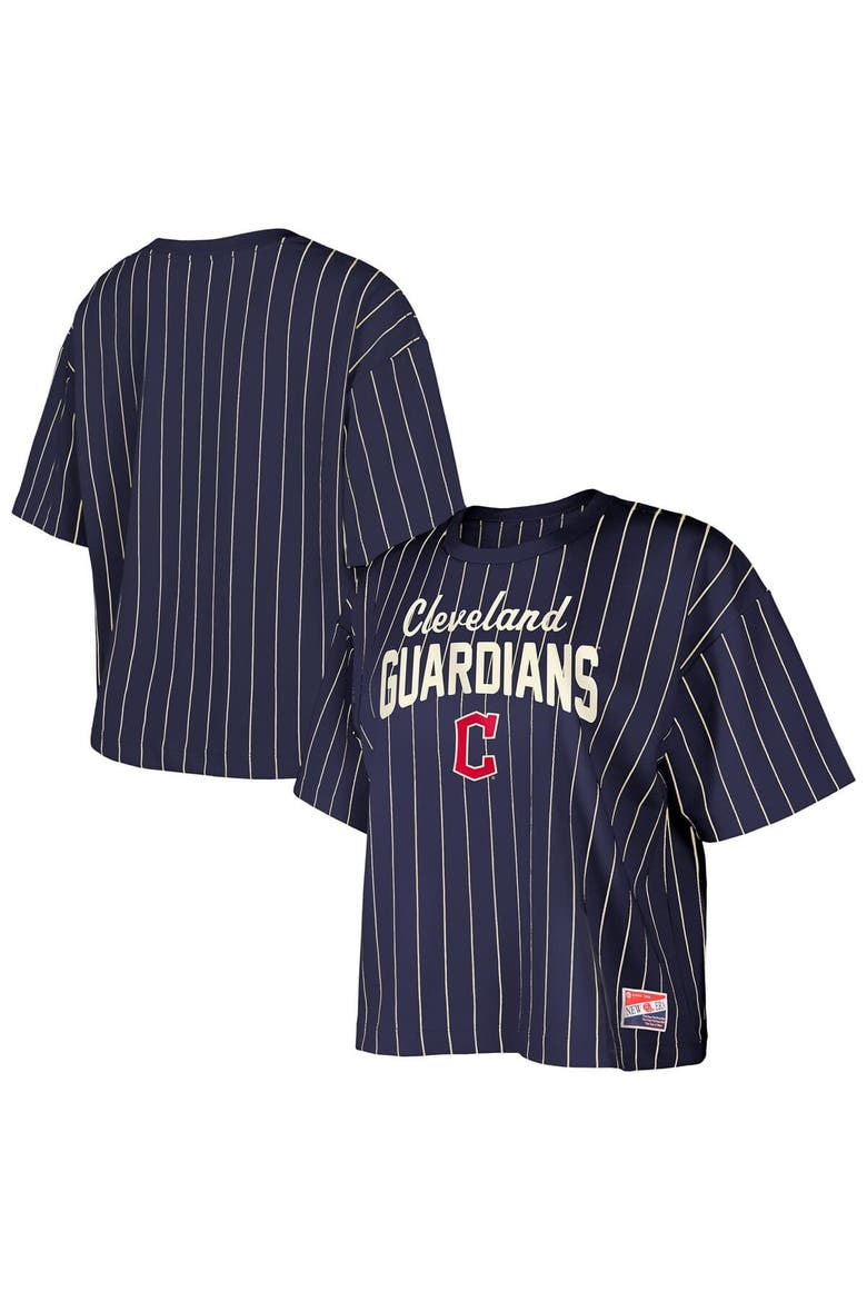 Women's New Era Navy Cleveland Guardians Cooperstown Collection Multiplier Pinstripe Cropped T-Shirt, Main, color, Navy