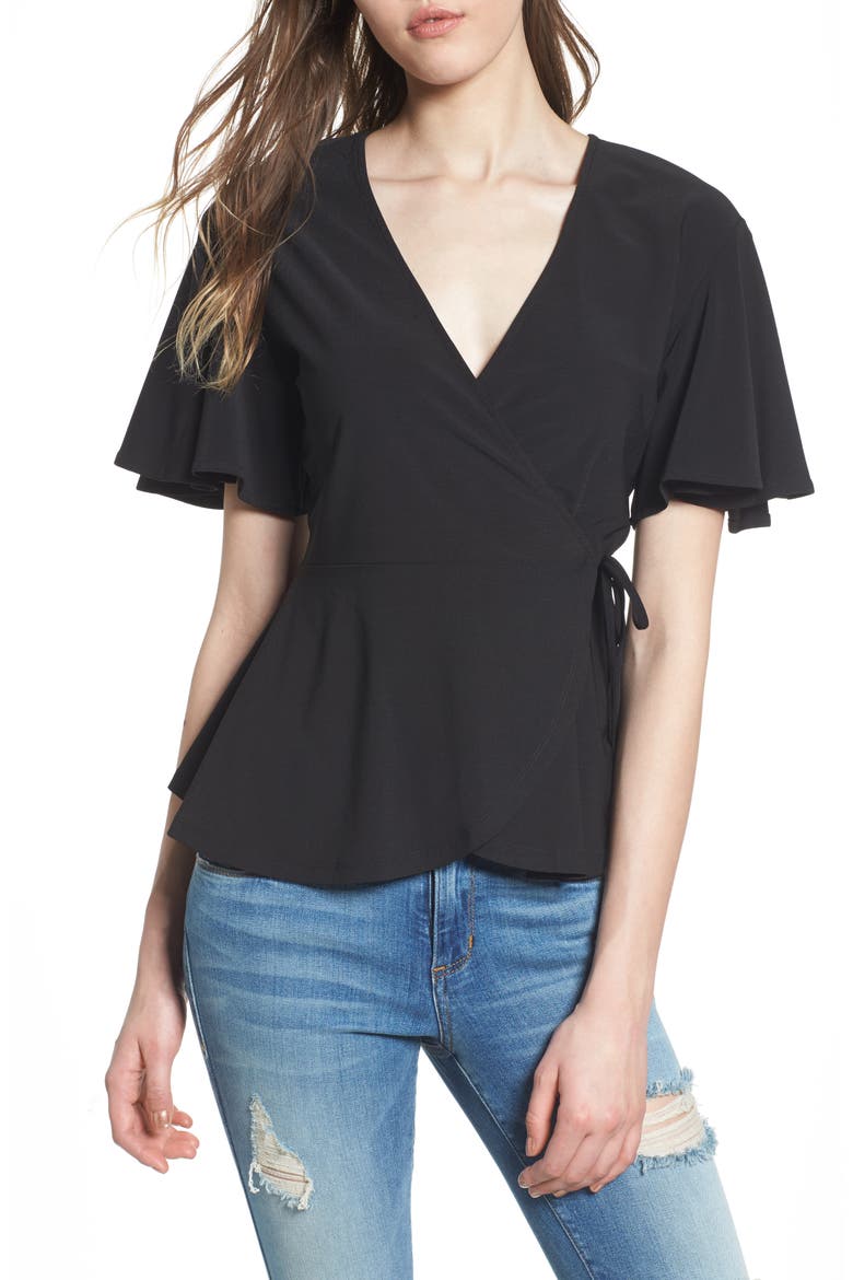 Flounce Sleeve Faux Wrap Top, Main, color, BLACK
