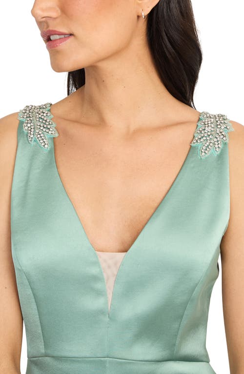Maggy London Rhinestone Trim Satin Gown In Jade/dsage