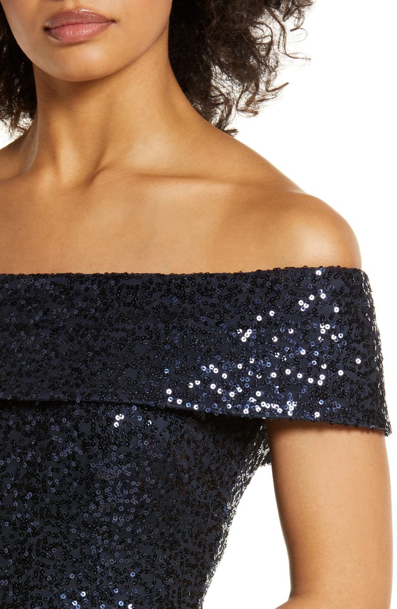 Vince Camuto Sequin Off the Shoulder Cocktail Sheath Dress, Alternate, color, Navy