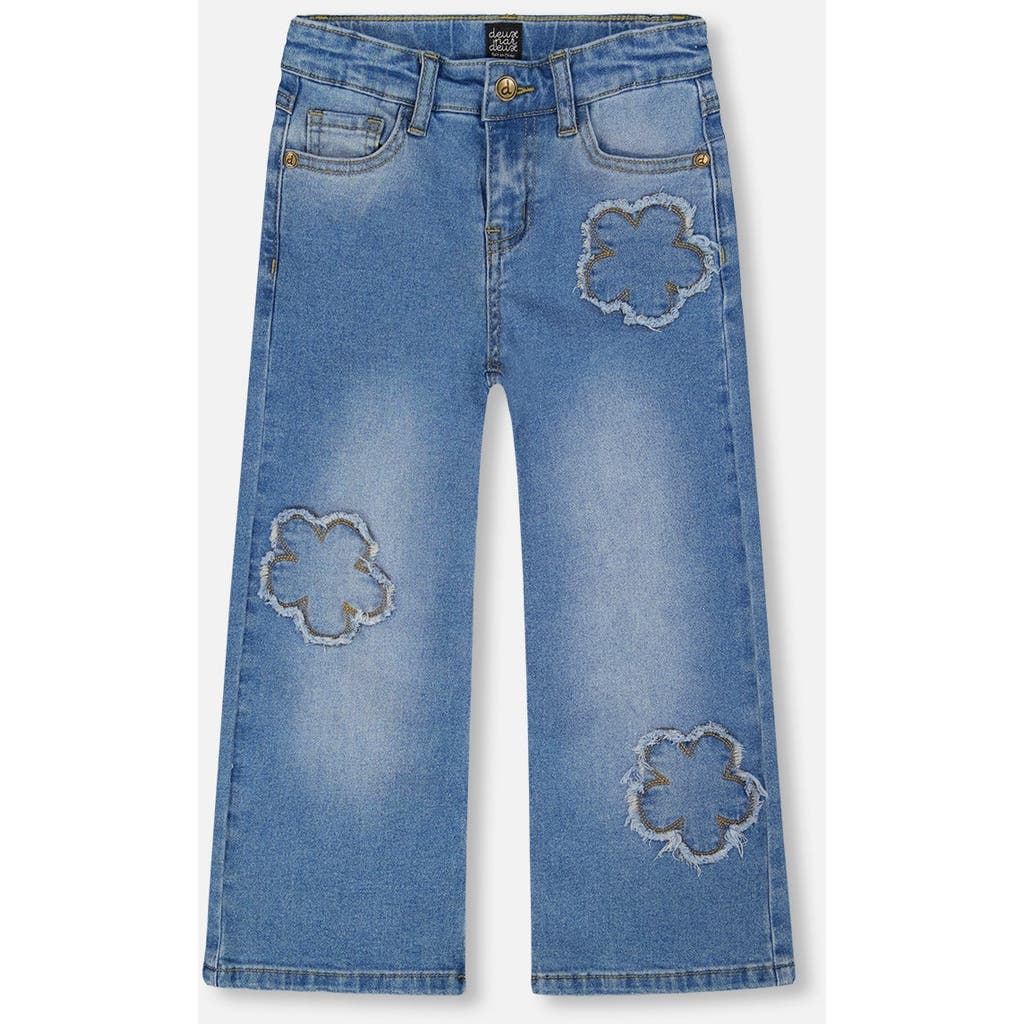 Deux Par Deux Wide Leg Stretch Jeans With Flower Stitching In Blue