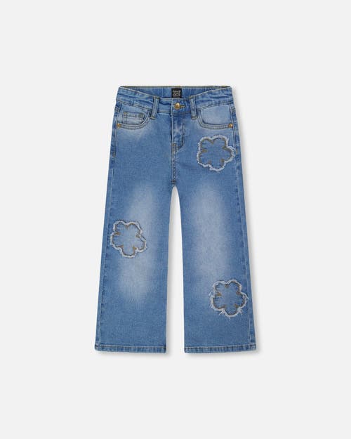 Deux Par Deux Wide Leg Stretch Jeans With Flower Stitching In Blue