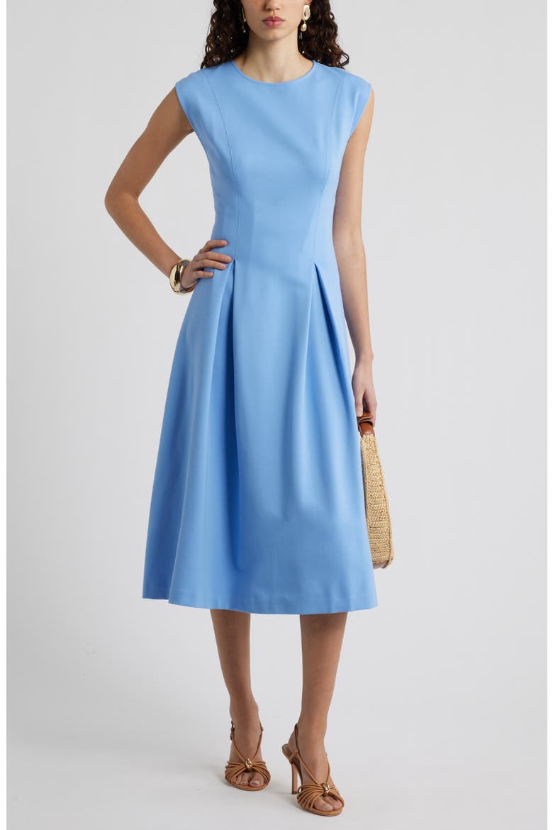 Pleated Cap Sleeve Ponte Dress, Main, color, BLUE CORNFLOWER