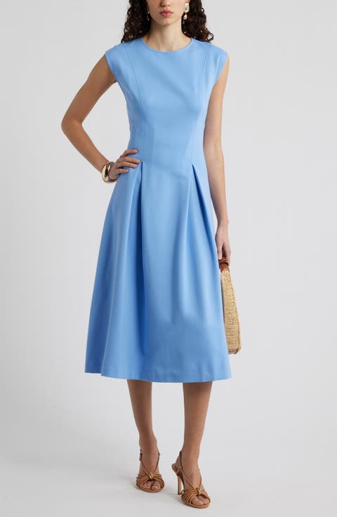 Pleated Cap Sleeve Ponte Dress