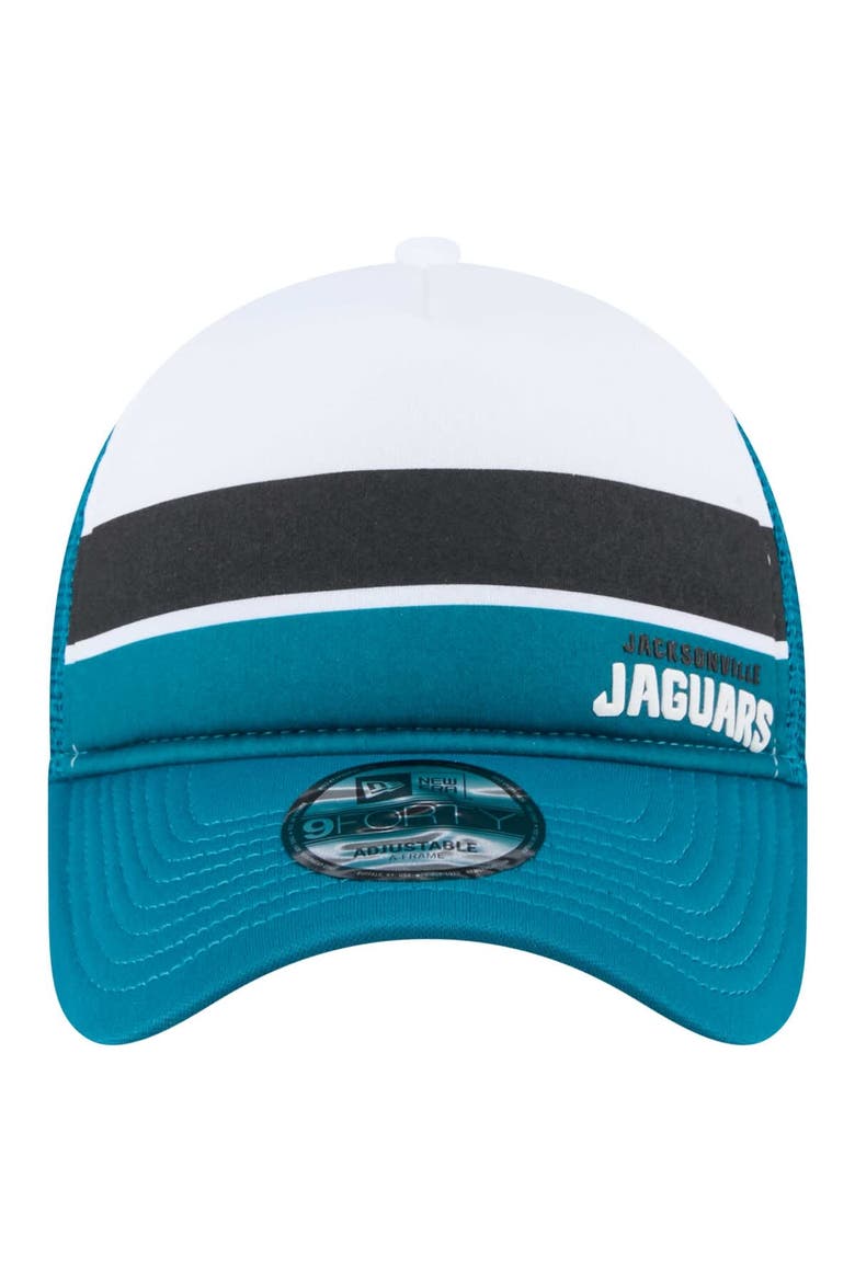 Men's New Era White/Teal Jacksonville Jaguars Color-Block 9FORTY A-Frame Trucker Adjustable Hat, Alternate, color, White