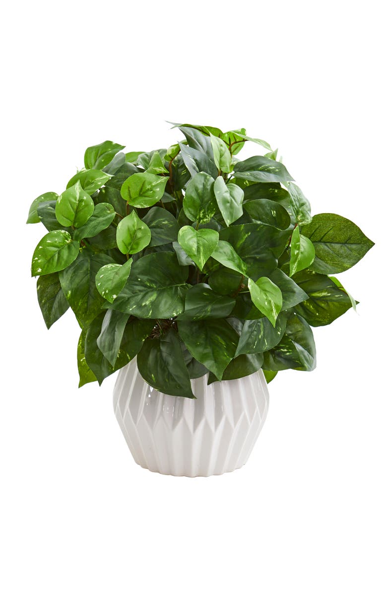 NEARLY NATURAL 16-in Pothos Artificial Plant in White Ceramic Vase, Main, color, Green