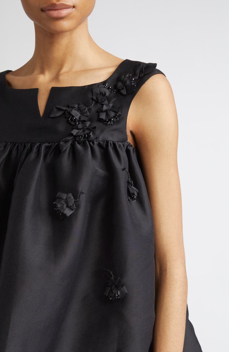 Shushu/Tong Fluffy Notched Floral Appliqué Satin Babydoll Top, Alternate, color, Black