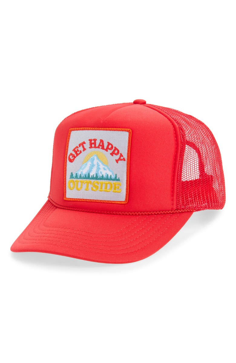 Friday Feelin’ Get Happy Outside Trucker Hat, Main, color, Red